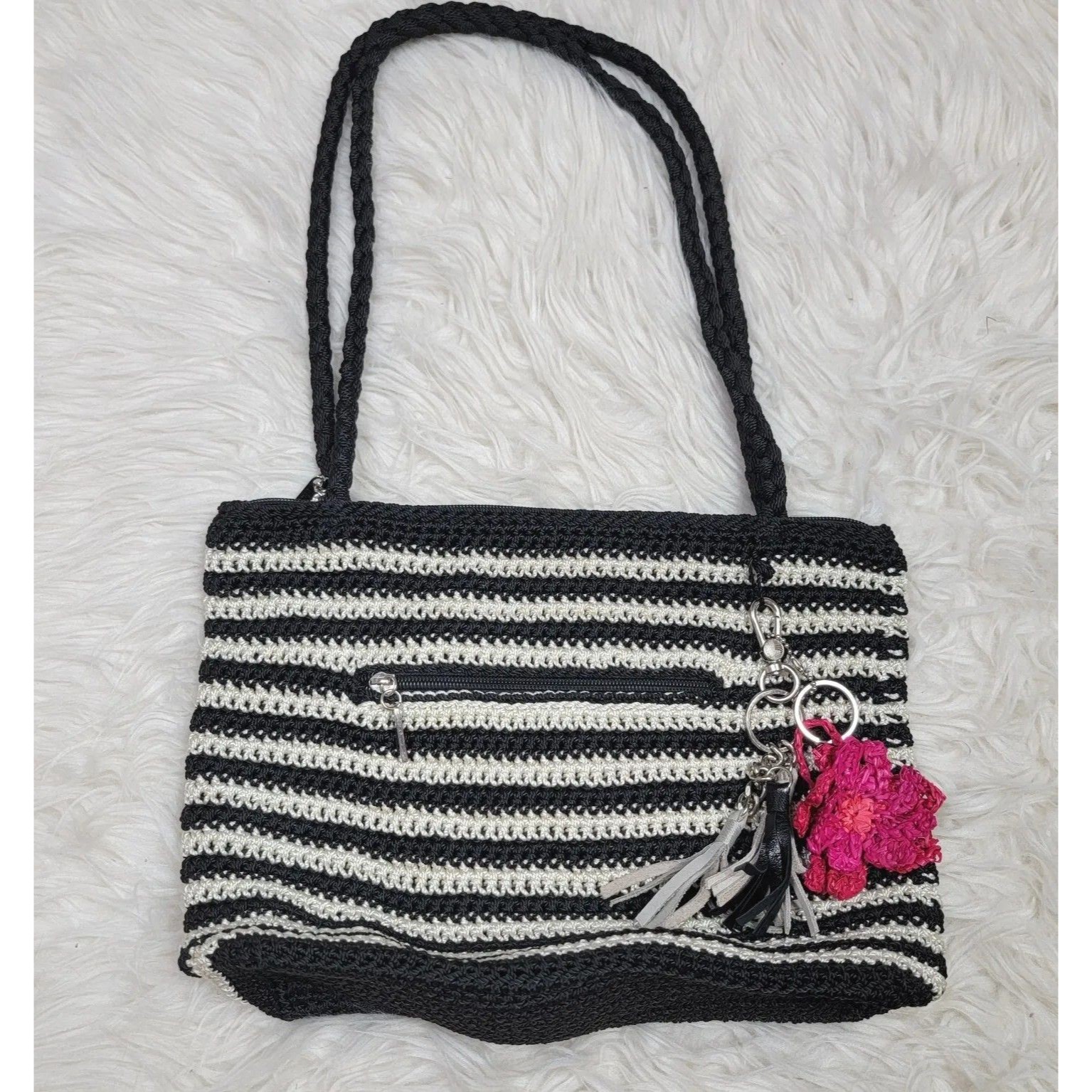 The Sak Hobo Bag Purse Large Crochet Knit Strap Shoulder Black Striped Keychain